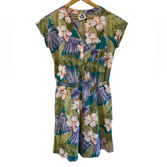 Vintage Hilo Hattie Hawaiian Floral Cotton Romper Green Purple Hibiscus - Picture 16 of 17